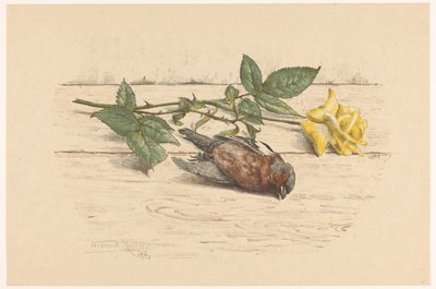 バラの隣に横たわっている死んだフィンチ 作： Willem Roelofs (II) (signed by artist)