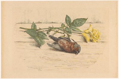 バラの隣に横たわっている死んだフィンチ 作： Willem Roelofs (II) (signed by artist)