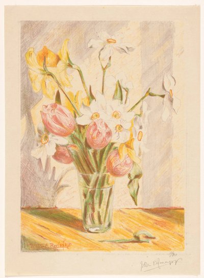 花瓶のチューリップと水仙 作： Willem Roelofs (II) (signed by artist)