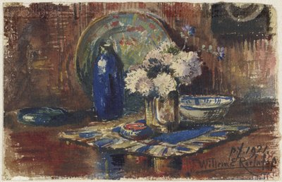 青いボトルと花瓶のある静物 作： Willem Roelofs (II)