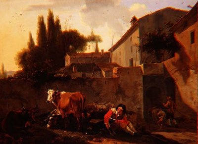 イタリアの農場の中庭にいるシェパードと牛たち 作： Willem Romeyn