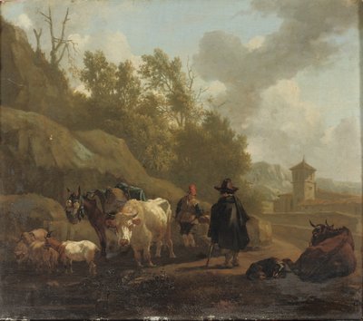 イタリア風の風景の中の牛飼いと牛 作： Willem Romeyn