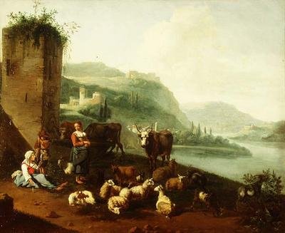 噴水のそばに農民、牛、羊、ヤギがいるイタリア風風景画 作： Willem Romeyn