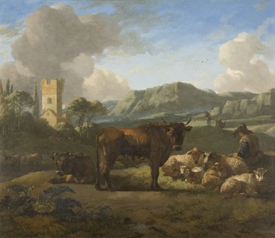 丘陵地帯の牛と牧夫、c.1650-70（パネルに油彩） 作： Willem Romeyn