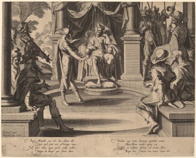 アレキサンダー大王が正義の座に着く 作： Willem Swanenburgh, after Joachim Anthonisz Wtewael