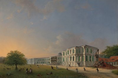 1834 年 10 月 10 日の地震時のブイテンゾルグ宮殿の正面図 1834 年 10 月 10 日の地震後のブイテンゾルグ宮殿の正面図 作： Willem Troost (II)