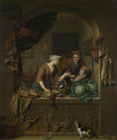1713年の台所での女性と魚の歩行者 作： Willem Van Mieris