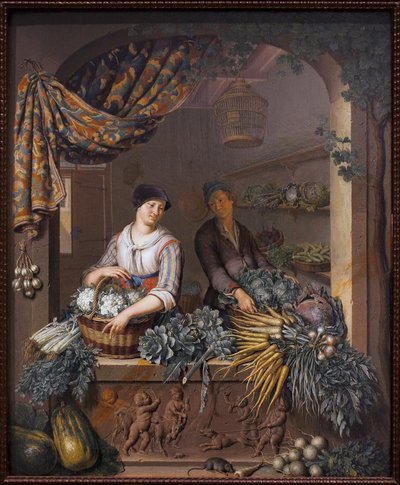 野菜のセールスマン。Willem van Mieris（1662-1747）による絵画、木に油彩 作： Willem Van Mieris