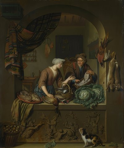 女性と台所で魚屋。 1713 作： Willem Van Mieris