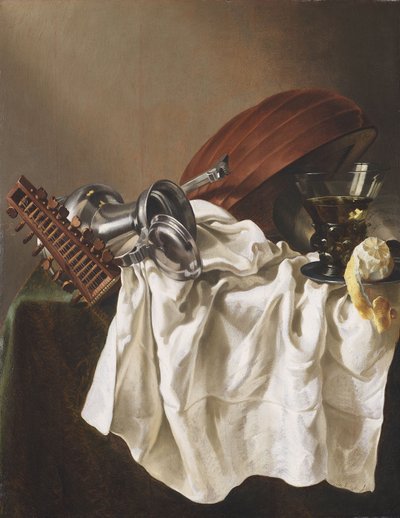 リュート、ピューターの水差し、ワイングラスとレモンのある静物画 作： Willem Van Odekercken