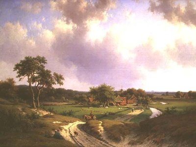 農場と農民が道を歩いている広大な風景 作： Willem Vester