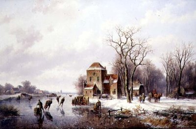 馬と荷車が走る冬の風景（油彩・キャンバス 作： Willem Vester