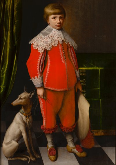 市松模様の床の上でウィペットを連れた8歳の少年の肖像 作： Willem Willemsz. van der Vliet