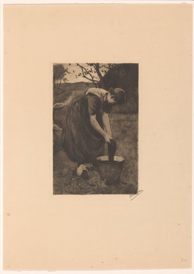 農家の妻がバケツで織物を洗う 作： Willem Witsen (signed by artist)