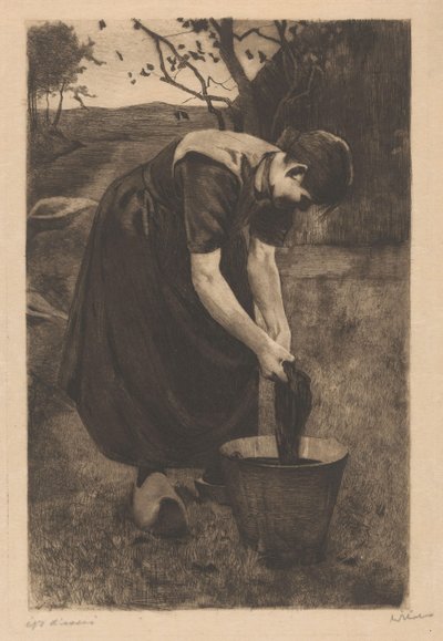 農家の妻がバケツで織物を洗う 作： Willem Witsen (signed by artist)