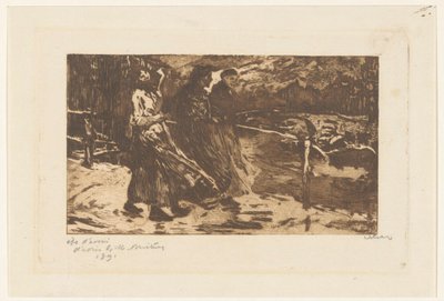 雨と風の中、橋の上の 3 人の女性 作： Willem Witsen (signed by artist)