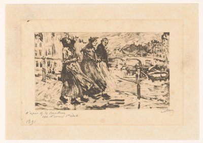 風と雨の中、橋の上にいる 3 人の女性 作： Willem Witsen (signed by artist)