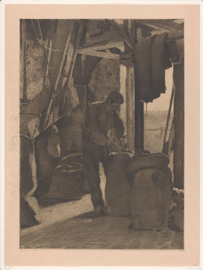 Wijk bij Duurstede のトウモロコシ工場で袋のボタンを押すミラー 扉の開いたミラー（原題） 作： Willem Witsen (signed by artist)