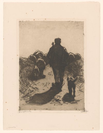 彼の群れの後ろに犬と羊飼い 作： Willem Witsen (signed by artist)