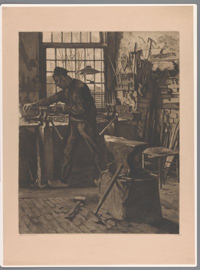 窓の近くの万力で働く鍛冶屋 村の窓辺の鍛冶屋（ブラム）（原題） 作： Willem Witsen (signed by artist)