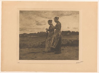 エーデの風景の中で立っている 2 人の編み物職人 作： Willem Witsen (signed by artist)