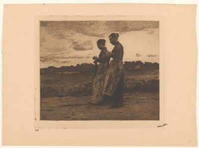 エーデの風景の中で立っている 2 人の編み物職人 作： Willem Witsen (signed by artist)