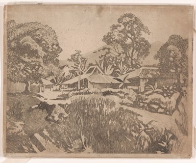 サラク火山とゲデ火山を背景にしたカンポンの家々、ブイテンゾルグ 作： Willem Arnoldus Witsen