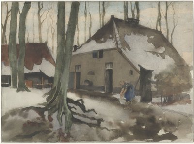 雪に覆われた森の家の前の女性 作： Willem Arnoldus Witsen