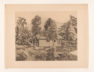 山を背景にしたボゴールの家 サラク火山(?)を背景にした家、ブイテンゾルグ(原題) 作： Willem Arnoldus Witsen