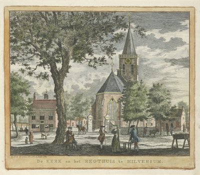 1762 年のヒルフェルスムの教会と裁判所 (1766 年の火事の前) ヒルフェルスムの教会とレグハイス (オブジェクトのタイトル) 作： Willem Writs