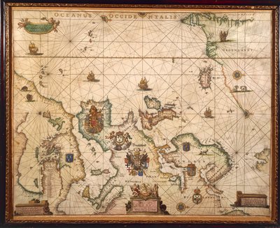 Willem and Joan Blaeuによる羊皮紙に描かれたヨーロッパ沿岸の地図。 作： Willem and Joan  Blaeu