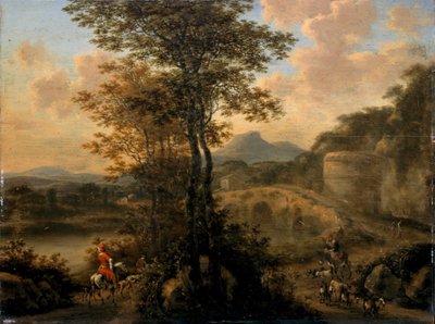 石橋のあるイタリアの川の風景、1650 作： Willem de Heusch