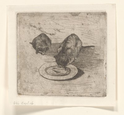 二匹の猫、一匹はお皿から水を飲む 二匹の子猫 (原題) 作： Willem de Zwart