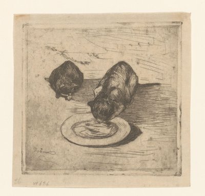 二匹の猫、一匹はお皿から水を飲む 二匹の子猫 (原題) 作： Willem de Zwart