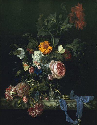 時計のある花の静物 作： ウィレム・ファン・アエルスト
