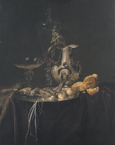 静物。 銀の水差しと朝食の一部 作： Willem van Aelst