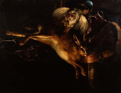 大理石の台座の上に吊るされたウサギ、ヤマウズラ、狩猟用具の静物画 作： Willem van Aelst