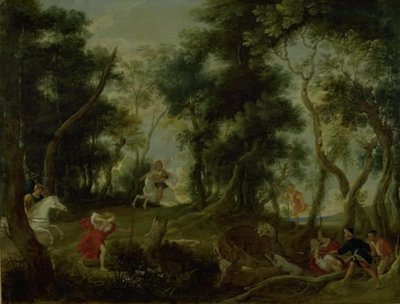 カリュドニアのイノシシを狩るアタランテとメレアガーのいる風景 作： Willem van Herp