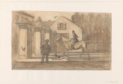 ハーグのスヘフェニングス通りのフェンス。 犬を連れたライダーの追い越し 作： Willem van Konijnenburg