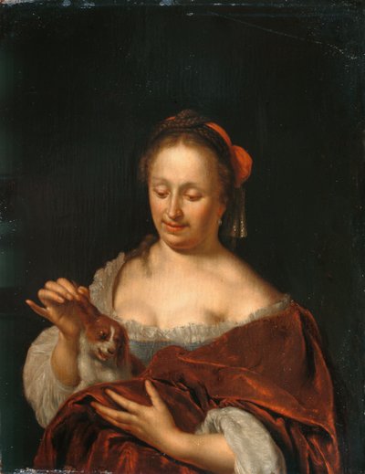 小犬を抱いて座る婦人（油彩・パネル） 作： Willem Van Mieris