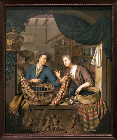 オニオン・セールスマンWillem van Mieris（1662-1747）による絵画、木に油彩 作： Willem Van Mieris