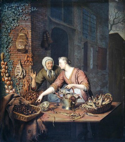 市場の屋台」1730年頃（パネルに油彩 作： Willem Van Mieris