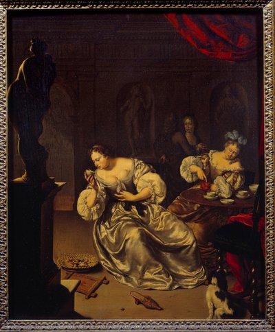 お茶を飲むオランダ貴族の女性たち。ウィレム・ファン・ミエリス（1662-1747）の絵画（ec.holl.）18世紀 日0,42x0,34 m 作： Willem Van Mieris