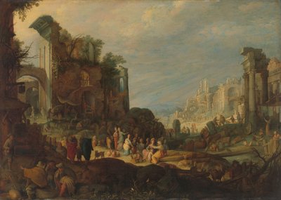 井戸でレベッカとエリエゼルとローマ時代の遺跡の中を旅する人 作： Willem van Nieulandt (II) (attributed to)