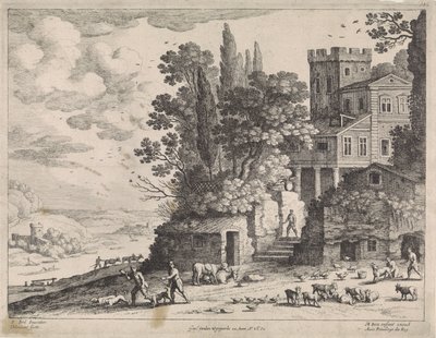 家、人物、牛のある風景 作： Willem van Nieulandt (II)