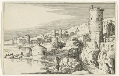 水上に塔がある都市 ローマ時代の遺跡と海岸の風景 (シリーズ 1) (シリーズ タイトル) 作： Willem van Nieulandt (II)