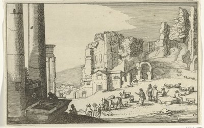 ローマ時代の遺跡に囲まれた牛 ローマ時代の遺跡と海岸の風景 (シリーズ 1) (シリーズ タイトル) 作： Willem van Nieulandt (II)