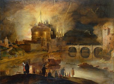 ローマのサンタンジェロ城、町民が夜の花火大会を見ている (パネルに油彩) 作： Willem van Nieulandt