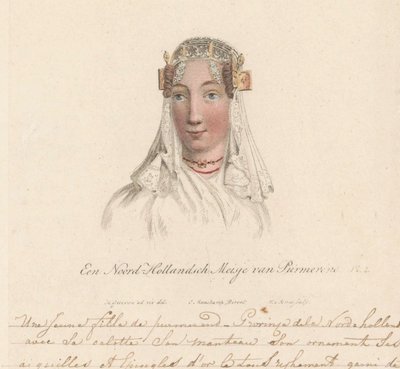 プルムレンド出身の少女の帽子、1816 年 A North Holland Girl of Purmerend / Une Jeune fille de purmerend - Province dela Nord-hollande avec sa calotte son manteau son ornament ses aiguilles et epingles d