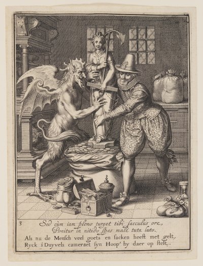 袋に金を詰め、希望の像を立てる男と悪魔（『世俗財産の誤用の寓意』より 作： Willem van Swanenburgh